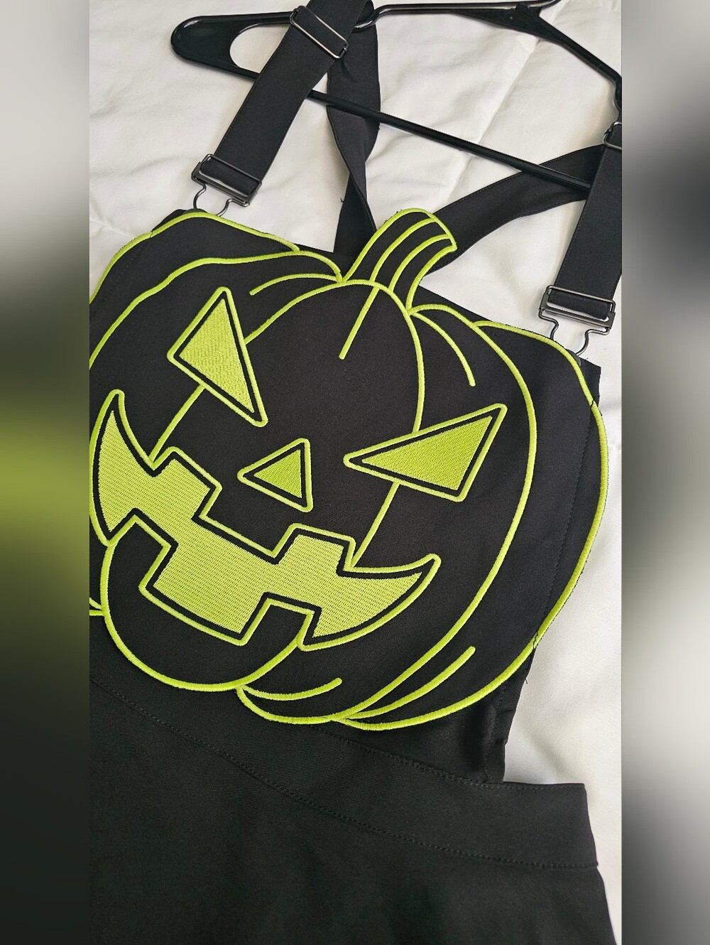 Hot Topic Black & Neon Green Pumpkin Pinafore Dress